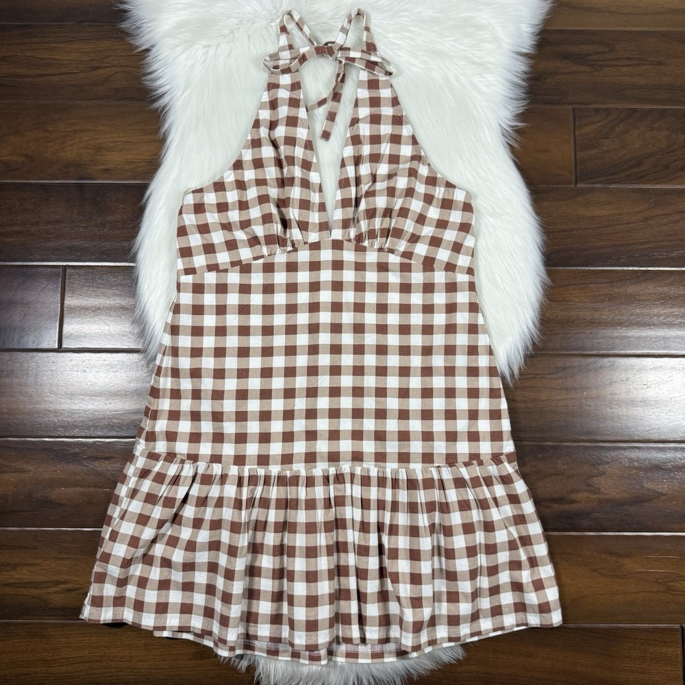 Free People Women's Size XL Brown White‎ Checkered Cecil Halter Mini Dress